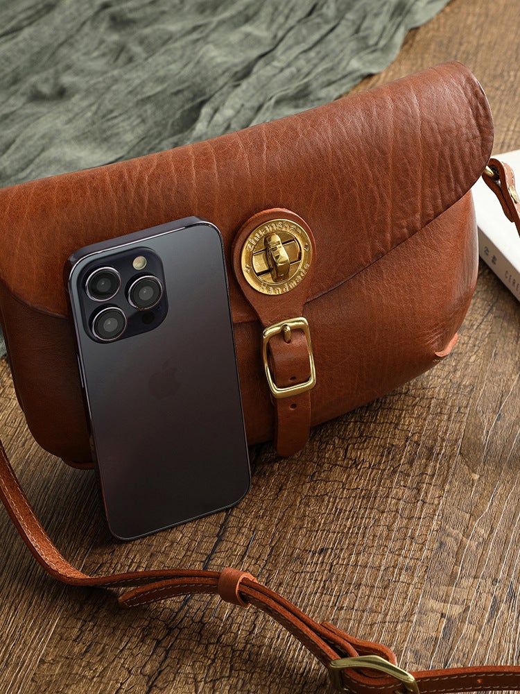 Genuine Leather Vintage Saddle Bag Thick Soft Vegetable Tanning Top Layer Leather Crossbody Dumpling Bag Korean Casual Brass Hardware 32008 - Image 4