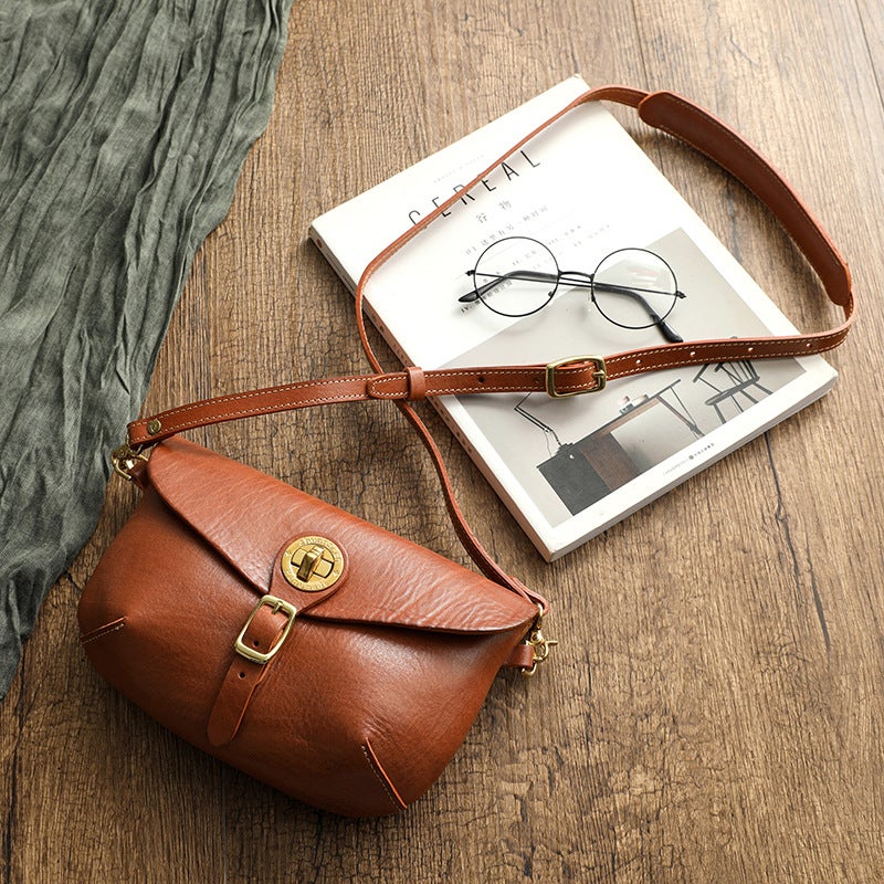 Genuine Leather Vintage Saddle Bag Thick Soft Vegetable Tanning Top Layer Leather Crossbody Dumpling Bag Korean Casual Brass Hardware 32008 - Image 1
