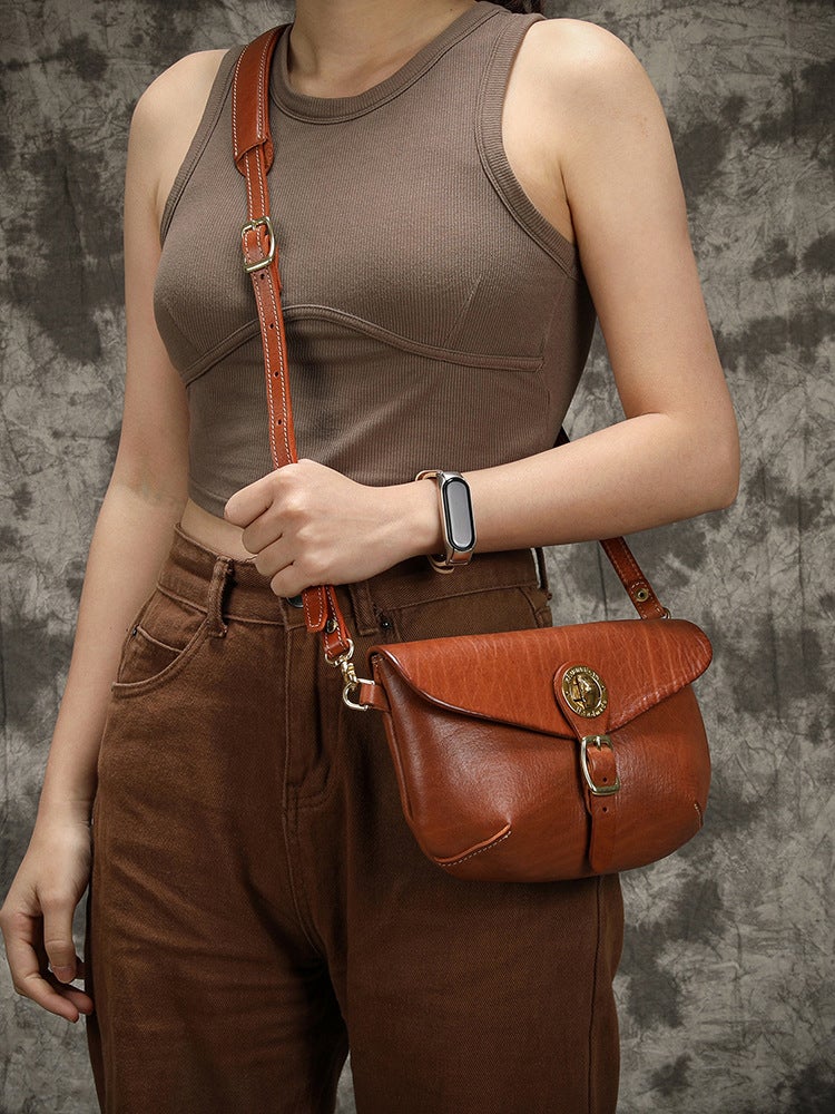 Genuine Leather Vintage Saddle Bag Thick Soft Vegetable Tanning Top Layer Leather Crossbody Dumpling Bag Korean Casual Brass Hardware 32008 - Image 2