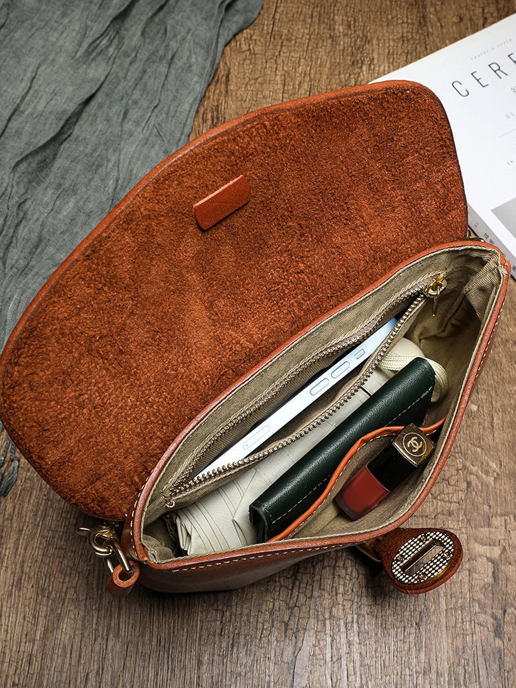 Genuine Leather Vintage Saddle Bag Thick Soft Vegetable Tanning Top Layer Leather Crossbody Dumpling Bag Korean Casual Brass Hardware 32008 - Image 5