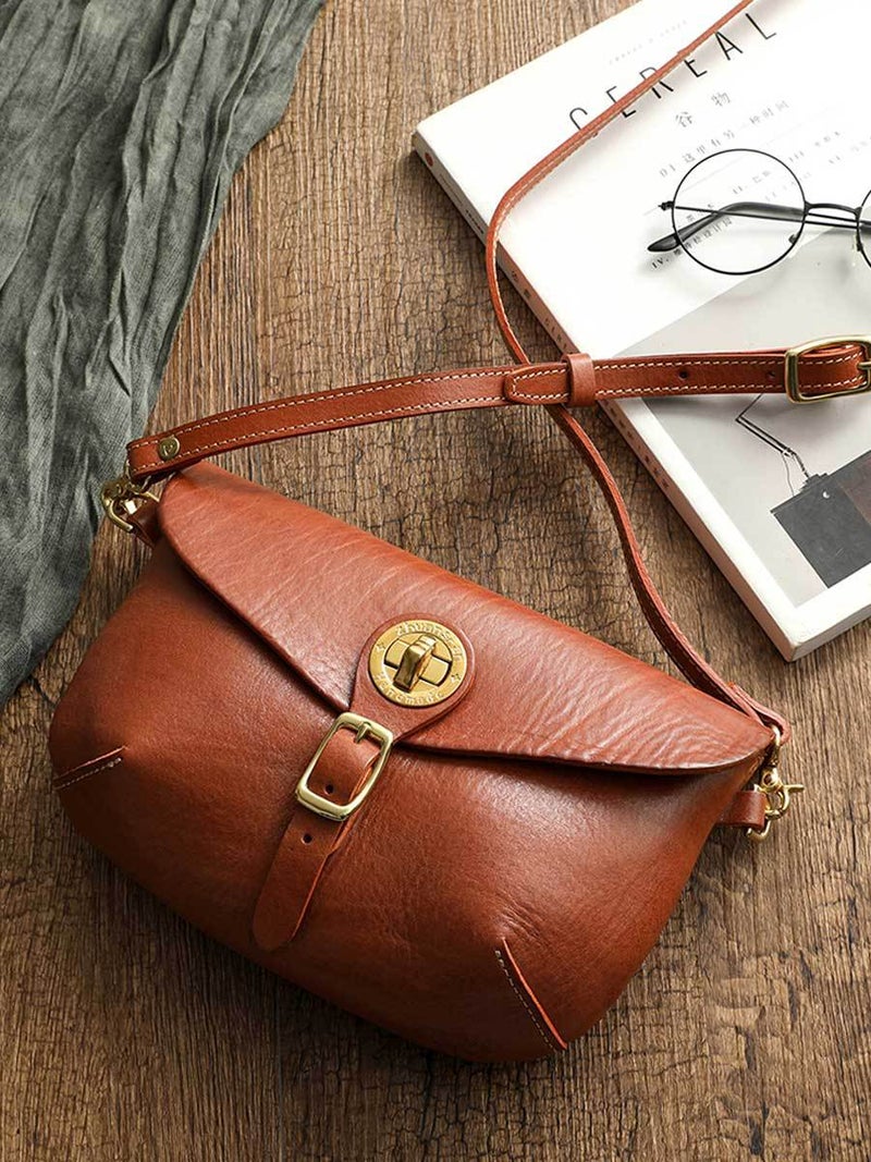 Genuine Leather Vintage Saddle Bag Thick Soft Vegetable Tanning Top Layer Leather Crossbody Dumpling Bag Korean Casual Brass Hardware 32008 - Image 3
