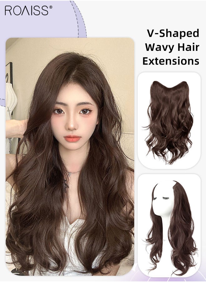 roaiss V-Shaped Layered Curly Hair Extension, One Piece Hair Extension Wig with 4 Clips, Heat Resistant Synthetic Hairpiece for Women Girls, Dark Brown, 50cm (19.7 inches)  - Image 1