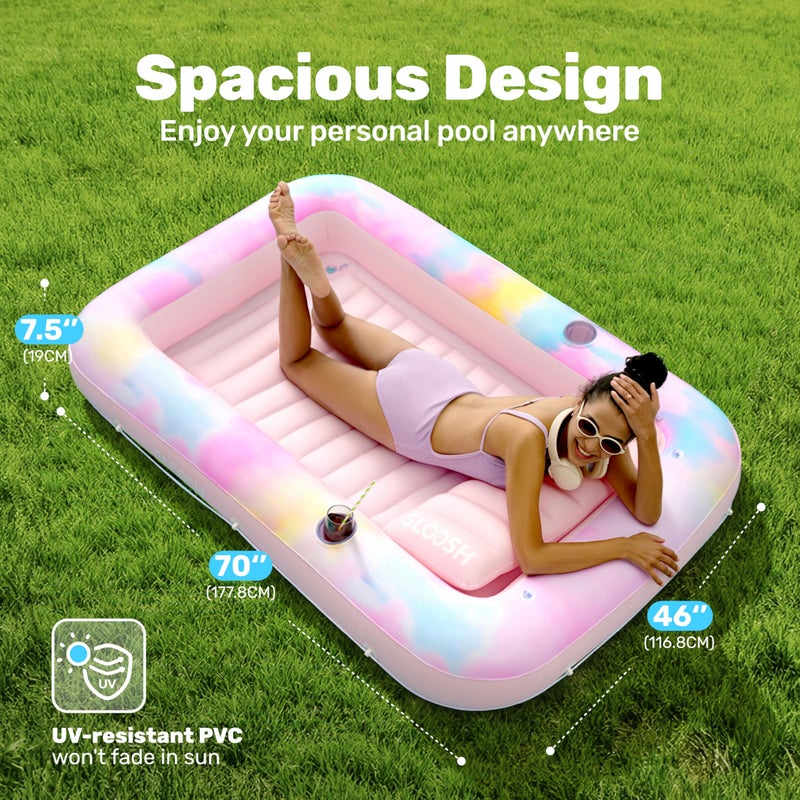 SLOOSH Inflatable Tanning Pool Lounger Float, 70" x 46" Pool Floats Adult with Pillow, 4 in 1 Suntan Tub Raft Floatie,Sunbathing Bed Lounge for Water Blow Up Ball Pit Party Gifts, Blue Daisy - Image 2
