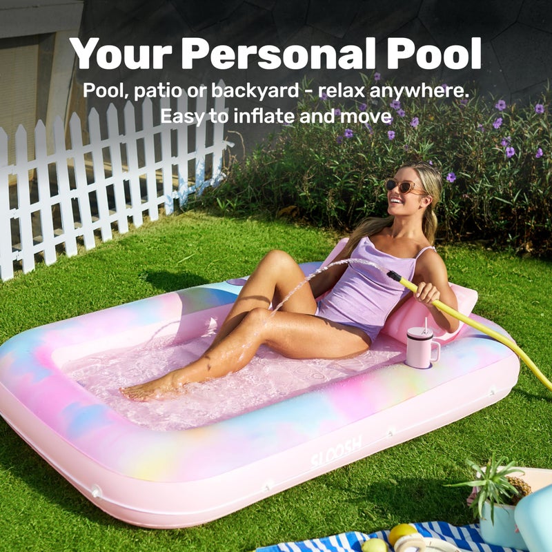 SLOOSH Inflatable Tanning Pool Lounger Float, 70" x 46" Pool Floats Adult with Pillow, 4 in 1 Suntan Tub Raft Floatie,Sunbathing Bed Lounge for Water Blow Up Ball Pit Party Gifts, Blue Daisy - Image 3