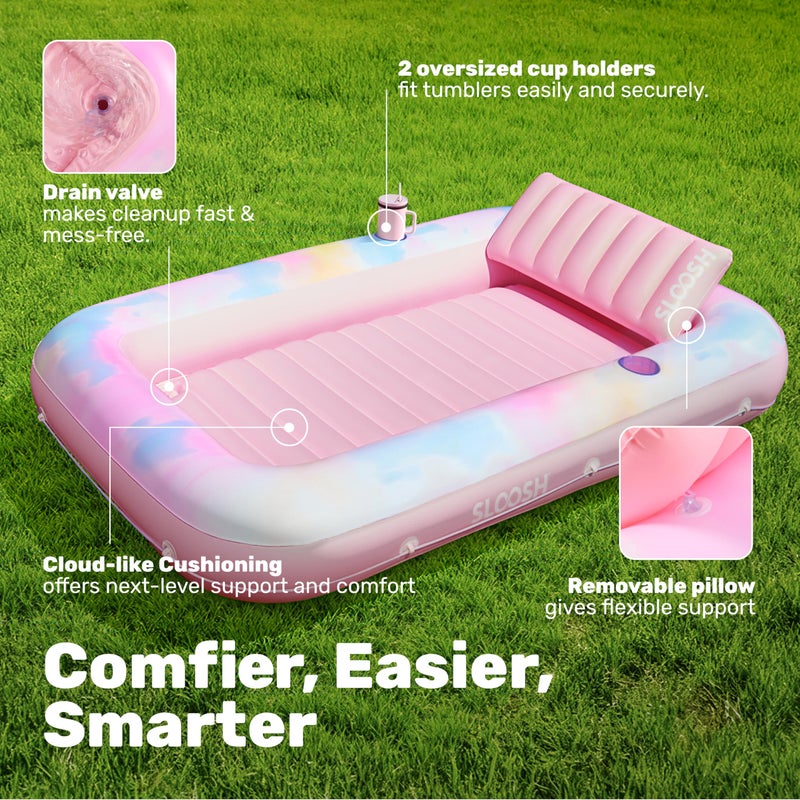 SLOOSH Inflatable Tanning Pool Lounger Float, 70" x 46" Pool Floats Adult with Pillow, 4 in 1 Suntan Tub Raft Floatie,Sunbathing Bed Lounge for Water Blow Up Ball Pit Party Gifts, Blue Daisy - Image 5