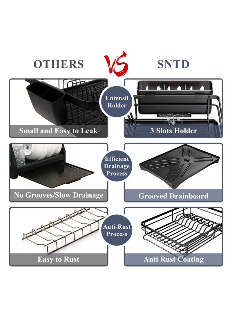 Nadrab Dish Drying Rack, Extendable Dish Rack for Kitchen Counter, Stainless Steel Dish Strainer with Utensil Holder, Black - Image 3