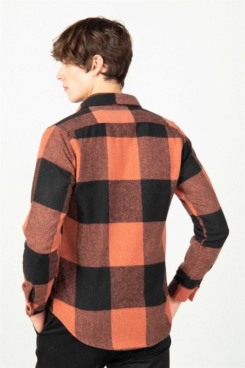 Tudors Slim Fit Long Sleeve Plaid Single Pocket Winter Lumberjack Men's Black Shirt