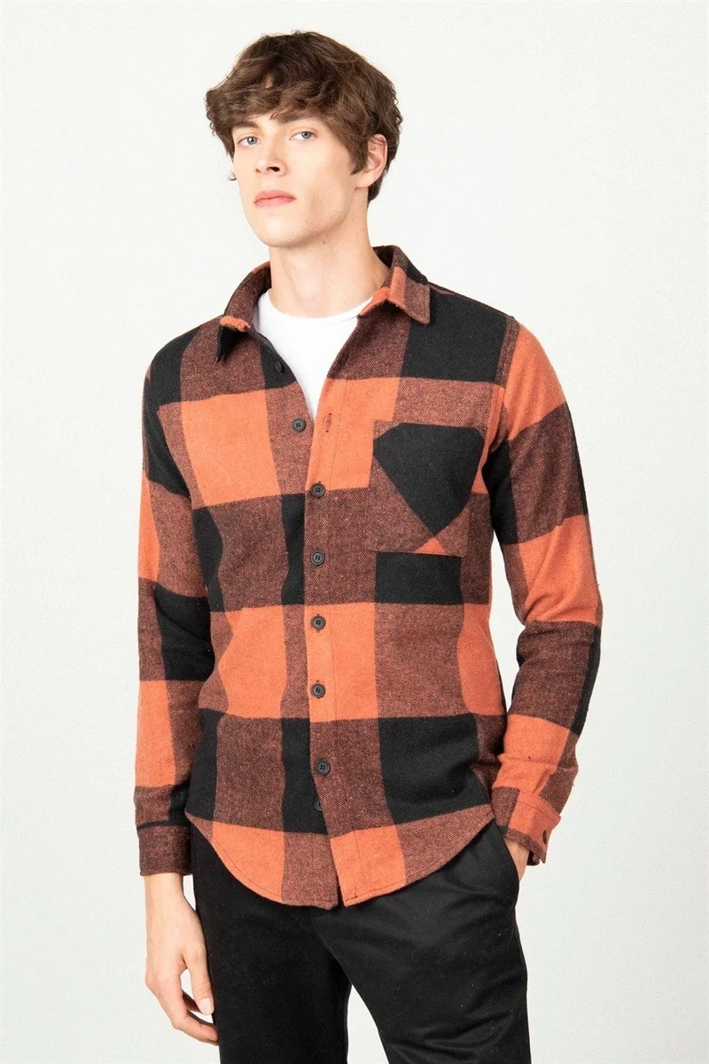 Tudors Slim Fit Long Sleeve Plaid Single Pocket Winter Lumberjack Men's Black Shirt