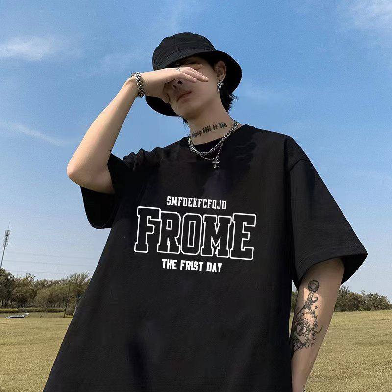 Trendy brand 100% pure cotton letter short-sleeved T-shirt men's summer loose plus-size T-shirt handsome American couple top - Image 3