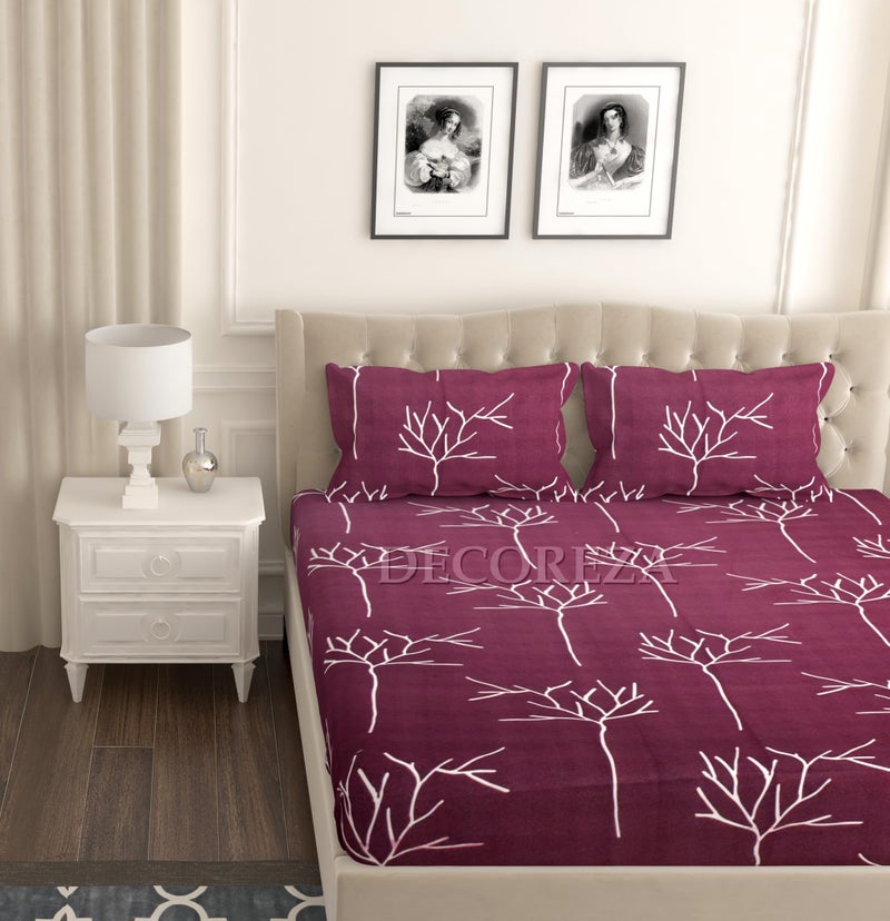 DECOREZA 320TC Premium Cotton Feel Elastic Fitted Bedsheet King Size 72 x 78 Inch with 2 Pillow Covers | All-Around Elastic | Soft & Breathable | Mattress Upto 8 Inches (Maroon Tree) - Image 5