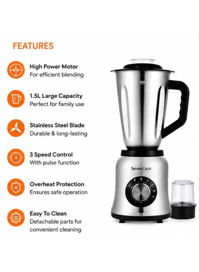 Seven CREST SevenCrest Stainless Steel Blender 1.5L Multi Purpose Kitchen Mixer Grinder With Grinder Jar 3 Speed Pulse Control Heavy Duty Motor 808B-S - Image 3