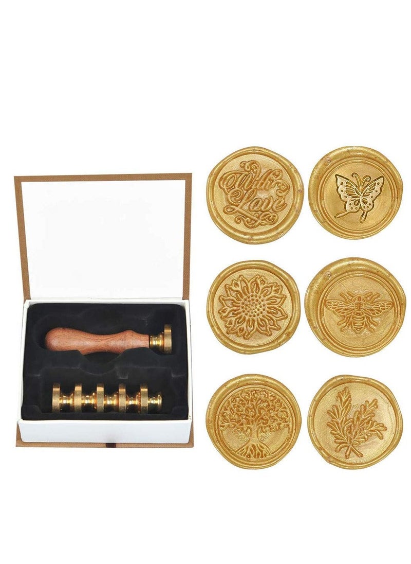 Generic - Wax Seal Stamp Set 6 Pieces Romantic Rose Heart Flower Sealing Wax Stamps Gift Kit with Brass Head Wooden Handle - Image 1