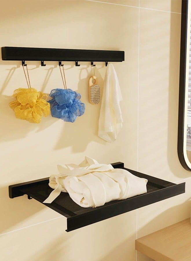Wall Mounted Foldable Drying Rack,Laundry Clothes Drying Rack with Hooks,No Drill Retractable Towel Racks for Bathroom,Outdoor Hanging Clothes Shoes Socks Shelves-Balck - Image 5