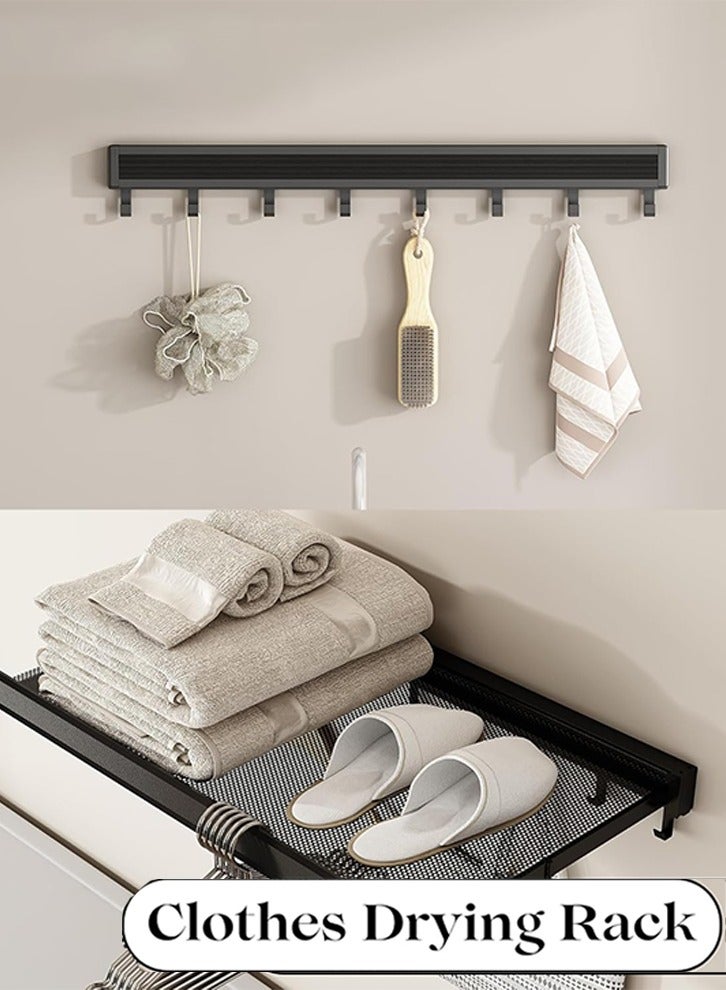 Wall Mounted Foldable Drying Rack,Laundry Clothes Drying Rack with Hooks,No Drill Retractable Towel Racks for Bathroom,Outdoor Hanging Clothes Shoes Socks Shelves-Balck - Image 3