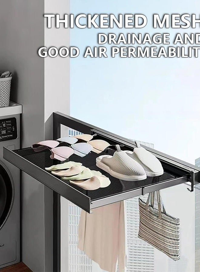 Wall Mounted Foldable Drying Rack,Laundry Clothes Drying Rack with Hooks,No Drill Retractable Towel Racks for Bathroom,Outdoor Hanging Clothes Shoes Socks Shelves-Balck - Image 2