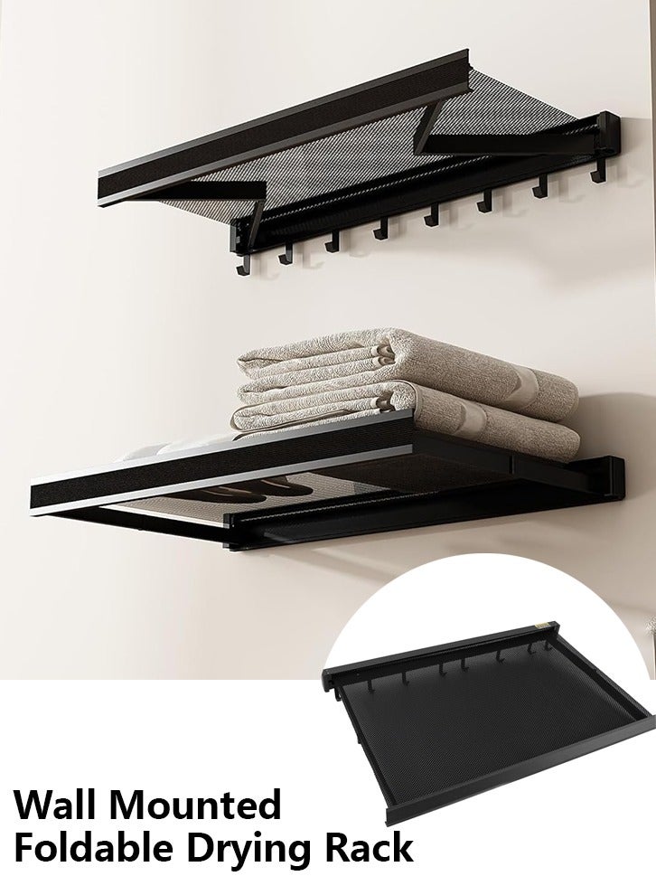 Wall Mounted Foldable Drying Rack,Laundry Clothes Drying Rack with Hooks,No Drill Retractable Towel Racks for Bathroom,Outdoor Hanging Clothes Shoes Socks Shelves-Balck - Image 1