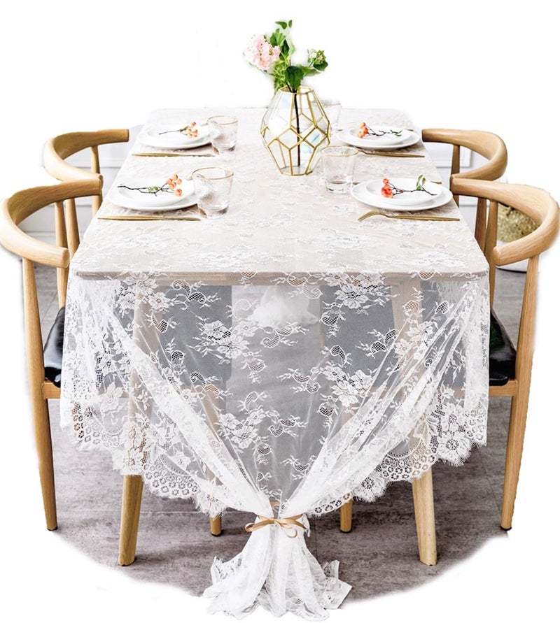 BOXAN 60x120 Inch Gorgeous White Lace Tablecloth Overlay Rose Vintage Embroidered Romantic Boho Wedding Reception Table Decor Baby Bridal Shower Dcor Elegant Chic Outdoor Tea Party Tablecover