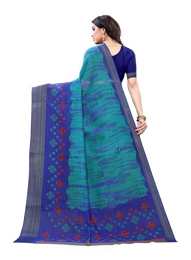 Women's Poly Cotton Printed Saree with Zari Border, Blouse (Blue)  - Image 2