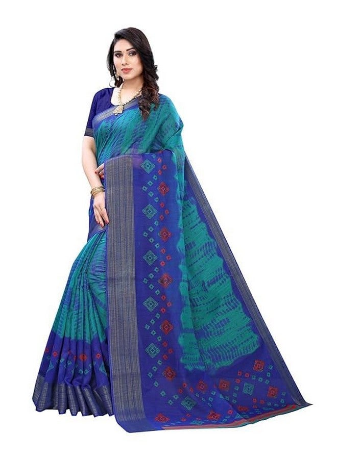 Women's Poly Cotton Printed Saree with Zari Border, Blouse (Blue)  - Image 4