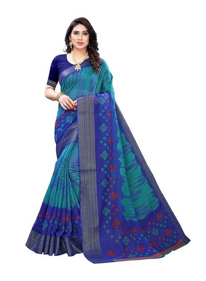Women's Poly Cotton Printed Saree with Zari Border, Blouse (Blue)  - Image 1
