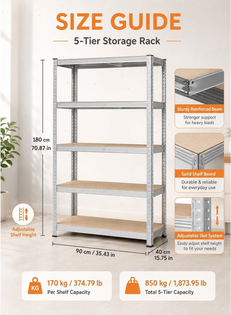 5-Tier Storage Shelves, Garage Storage, Boltless Assembly, Adjustable Shelving Unit, for Shed Warehouse Basement Kitchen (Silver) - Image 2