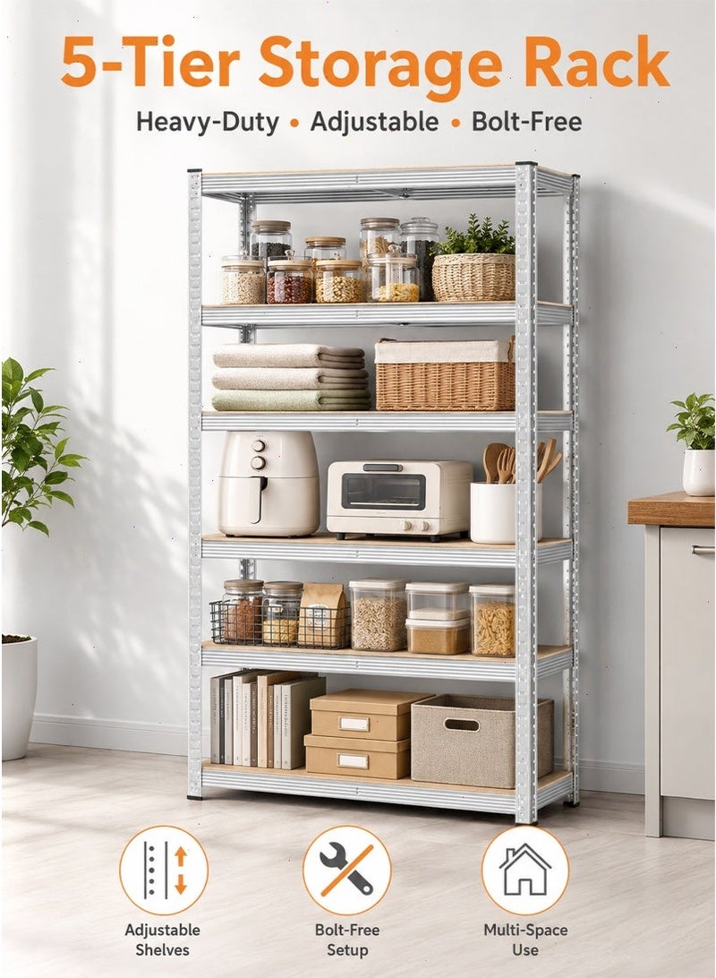 5-Tier Storage Shelves, Garage Storage, Boltless Assembly, Adjustable Shelving Unit, for Shed Warehouse Basement Kitchen (Silver) - Image 1