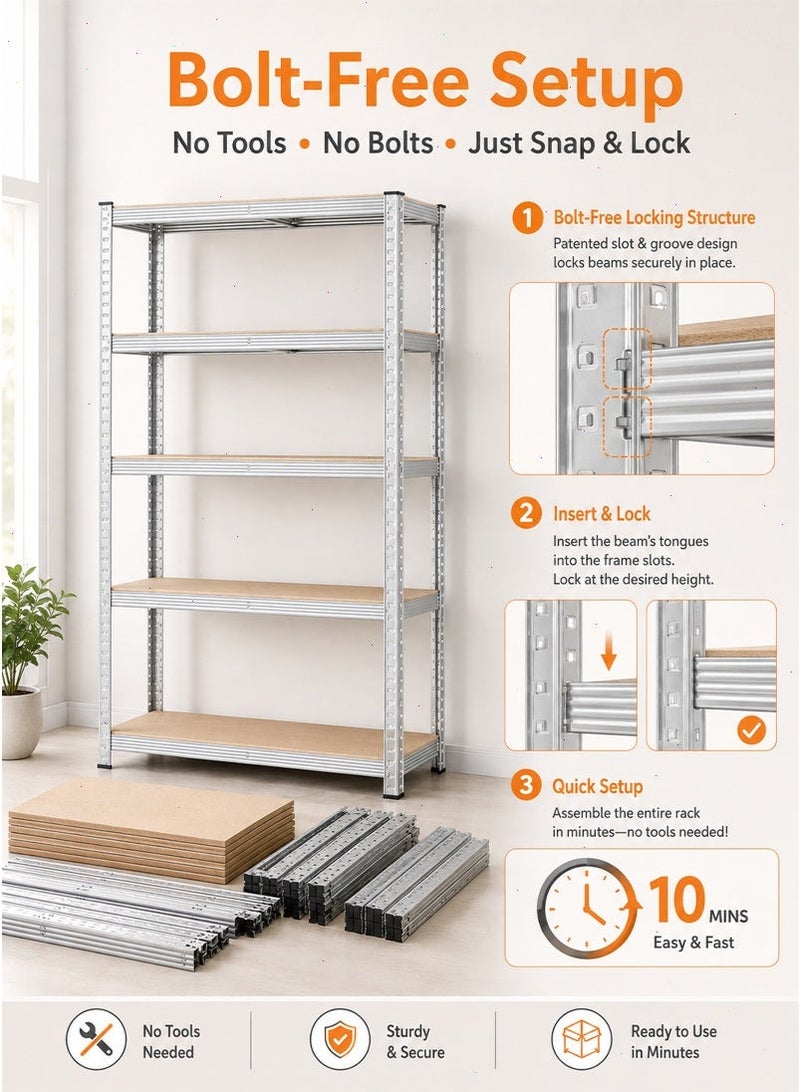 5-Tier Storage Shelves, Garage Storage, Boltless Assembly, Adjustable Shelving Unit, for Shed Warehouse Basement Kitchen (Silver) - Image 3