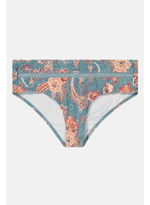Women Floral Pattern Pull On Bikini Bottom, Dusty Blue