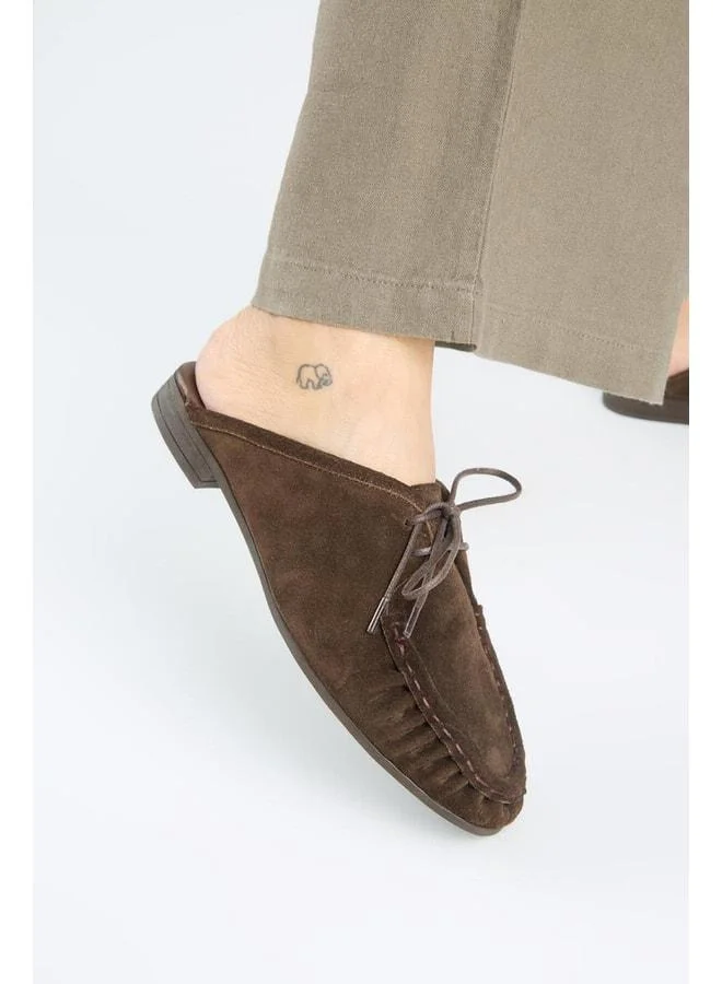 Mitzi Women's Genuine Leather Pleated Laced Coffee Slippers.