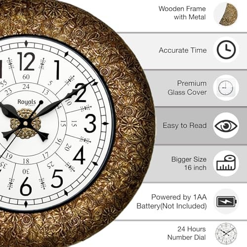 RoyalsCart Heritage Classic Metal Wall Clock for Living Room and Hall with Silent Quartz Movement | 16 inch Large Antique Golden Designer Wall Clock for Bedroom and Home Decor [KTWC221N] - Image 2