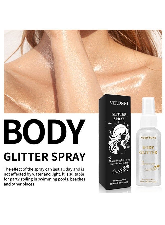 فيروني بخاخ بريق للجسم للوجه والشعر والجسم، بخاخ لمعان بالجسم باللون الأبيض الفضي، بودرة براقة، طويل الأمد وسريع الجفاف لتسليط الضوء، مناسب للمسرح والمهرجانات والحفلات والمكياج - Image 2