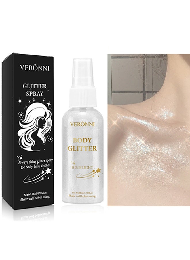 فيروني بخاخ بريق للجسم للوجه والشعر والجسم، بخاخ لمعان بالجسم باللون الأبيض الفضي، بودرة براقة، طويل الأمد وسريع الجفاف لتسليط الضوء، مناسب للمسرح والمهرجانات والحفلات والمكياج - Image 1