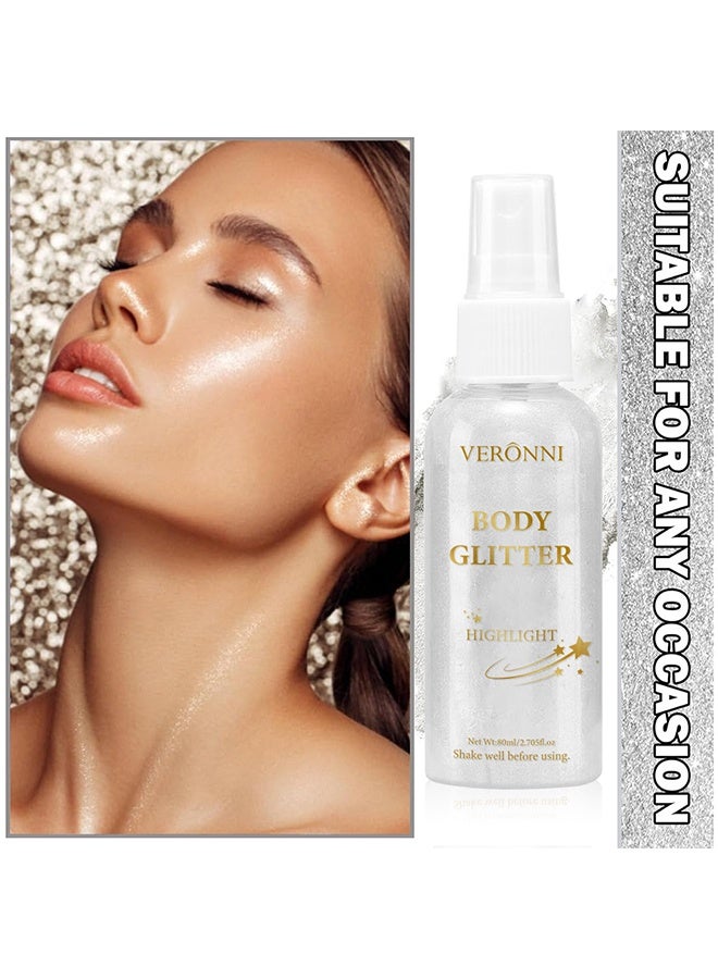 فيروني بخاخ بريق للجسم للوجه والشعر والجسم، بخاخ لمعان بالجسم باللون الأبيض الفضي، بودرة براقة، طويل الأمد وسريع الجفاف لتسليط الضوء، مناسب للمسرح والمهرجانات والحفلات والمكياج - Image 3