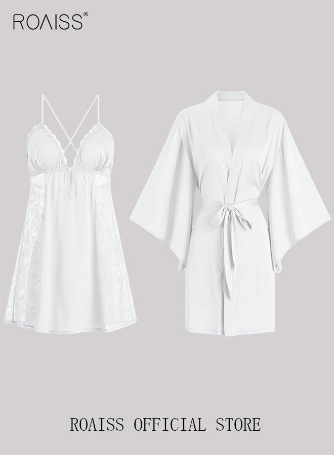 رويس طقم ملابس نوم مكون من قطعتين للنساء من الدانتيل، ملابس نوم منزلية، طقم بيجامات رومانسي أنيق، رداء نوم للربيع والخريف - Image 1