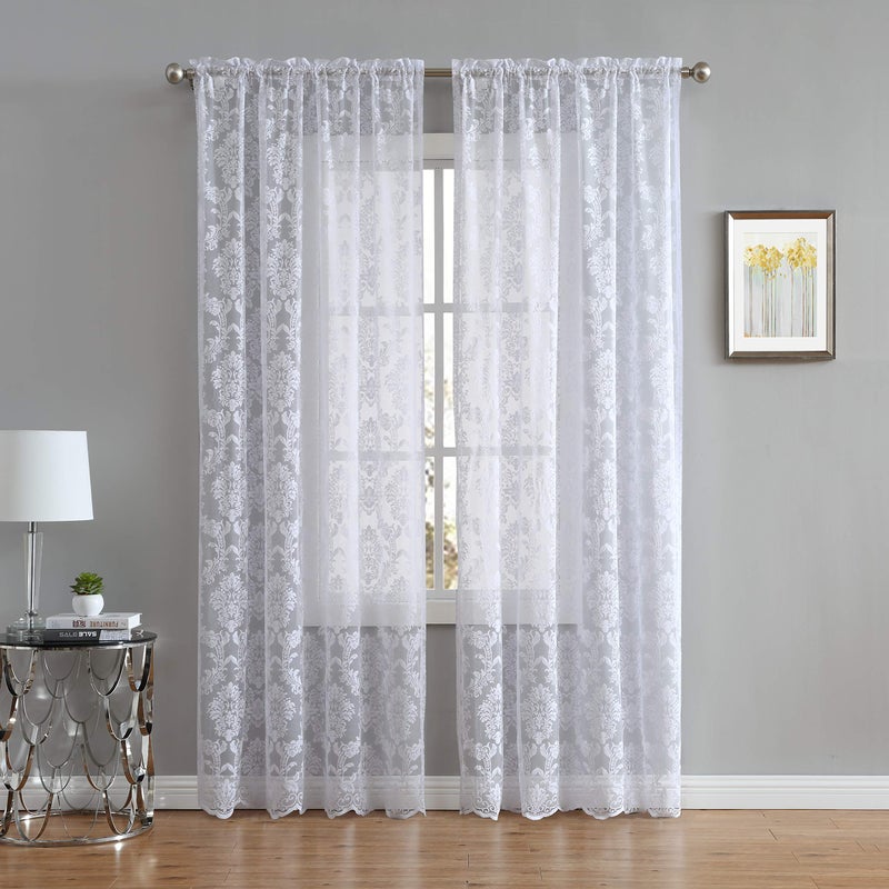 LinenZone Flowing Lace Curtains with Damask Pattern Pair of Sheer Curtains for Windows for Privacy Light Filtering Beautiful Dcor Perfect for Living Room or Kitchen Fiona 54 x 84 White