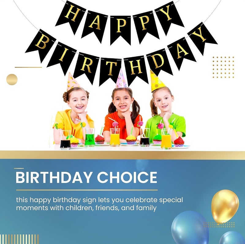 Flyloons Happy Birthday Banner - 13 Pcs Black Decoration Items for Boys Girls Kids Baby Men Women | Cardstock Reusable Flag - Image 2