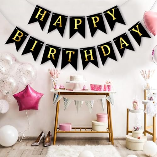 Flyloons Happy Birthday Banner - 13 Pcs Black Decoration Items for Boys Girls Kids Baby Men Women | Cardstock Reusable Flag - Image 4