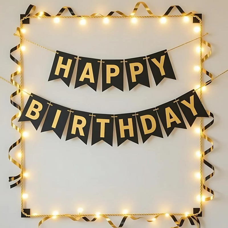 Flyloons Happy Birthday Banner - 13 Pcs Black Decoration Items for Boys Girls Kids Baby Men Women | Cardstock Reusable Flag - Image 5