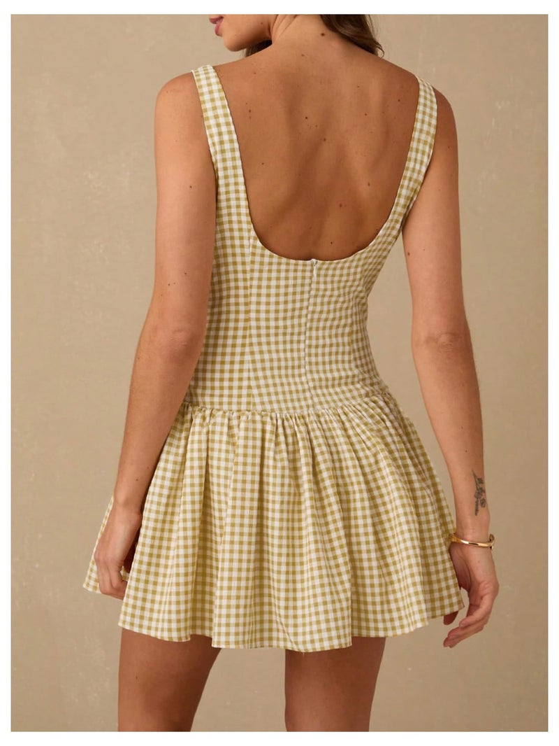 OYOANGLE Women's Gingham Sleeveless Ruffle Short Dress Open Back Button Front Y2K Plaid Dresses Yellow Small - Image 2