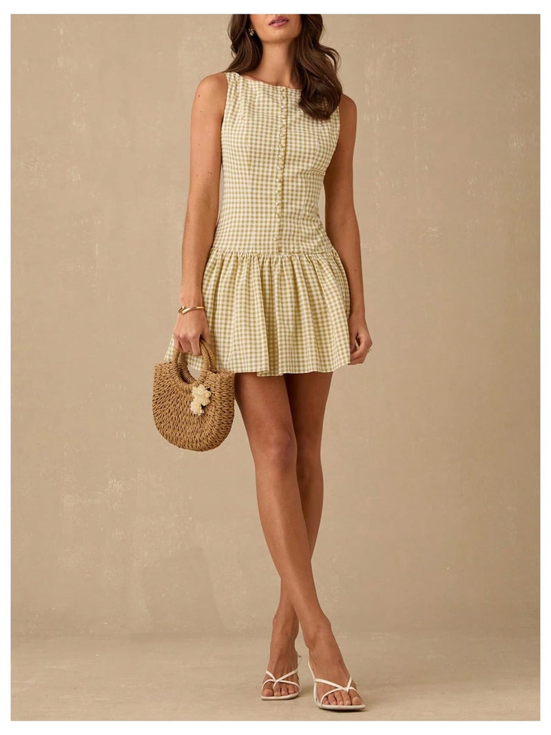 OYOANGLE Women's Gingham Sleeveless Ruffle Short Dress Open Back Button Front Y2K Plaid Dresses Yellow Small - Image 5