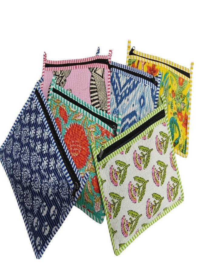 Doraya Handblock Floral Print Quilted Multipurpose Zipper Closure Coin Currency Pouch, Multicolor Unique Mix Assorted Design Cotton 8x6 Inches, for Travel Makeup Jewelry Passport Organization (2) - Image 5