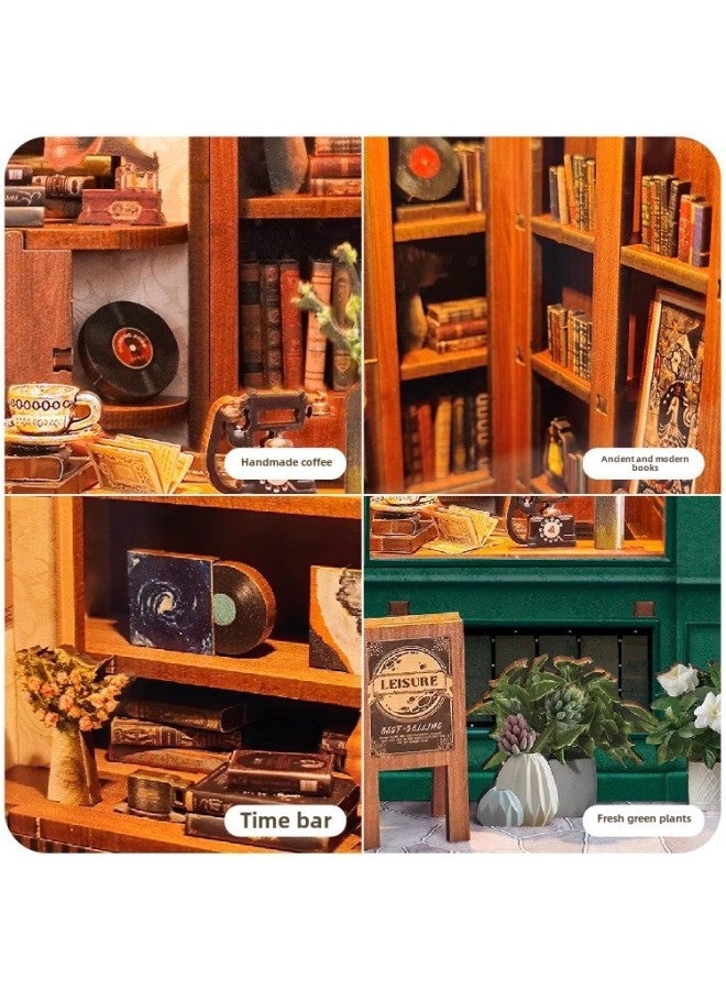Time Small House Book Stand Handmade DIY Cabin Micro Model Three-dimensional Puzzle Gift English Cross Border-Color:Green Life Bookstore Chinese And English  - Image 3
