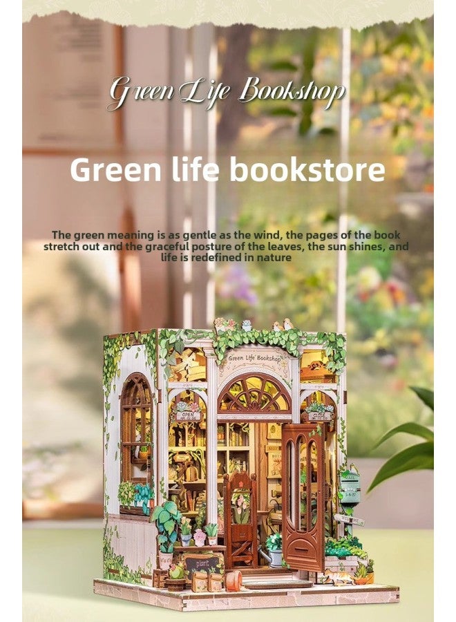 Time Small House Book Stand Handmade DIY Cabin Micro Model Three-dimensional Puzzle Gift English Cross Border-Color:Green Life Bookstore Chinese And English  - Image 1
