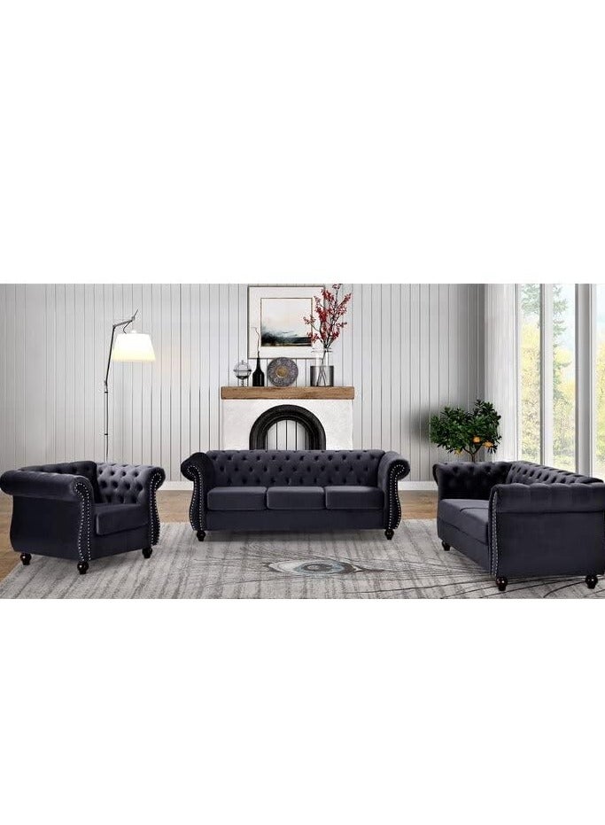 Maharat Al Bahar MAB FURNISHINGS Luxury Velvet Tufted Sofa Set - 3 Seater, 2 Seater, and 1 Seater for Living Room, Hallways, Offices, Bedroom (Black)" - Image 1