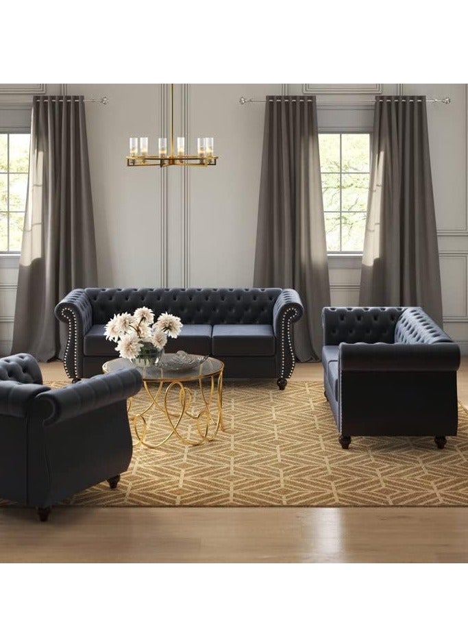 Maharat Al Bahar MAB FURNISHINGS Luxury Velvet Tufted Sofa Set - 3 Seater, 2 Seater, and 1 Seater for Living Room, Hallways, Offices, Bedroom (Black)" - Image 2