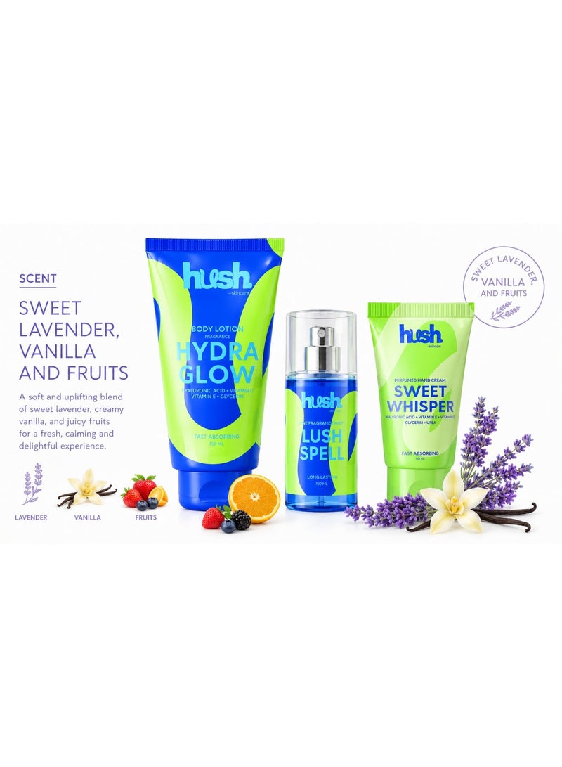 Hush Skincare Selfcare Reset Bundle: Body Mist (100ml), Hand Cream (50ml) & Body Lotion (150ml) – Lavender Vanilla - Image 2