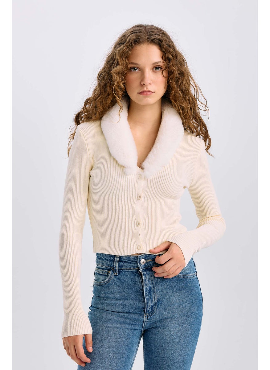 DeFacto Woman Slim Fit Faux Fur V Neck Buttoned Knit Cardigan  - Image 1