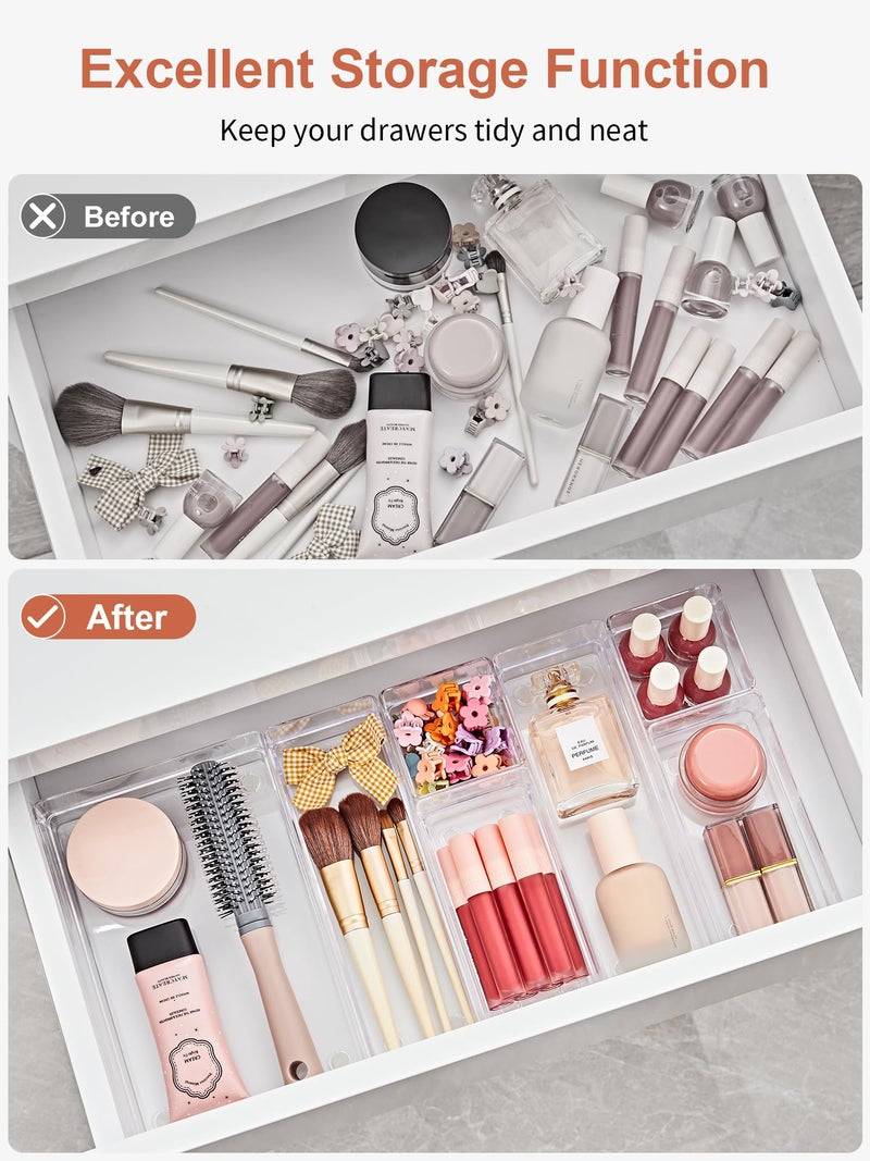 سمارت تايك منظم أدراج سمارتيك مكون من 25 قطعة مع وسادات سيليكون مانعة للانزلاق، صواني تنظيم أدراج مكتبية بأربعة أحجام، صينية تخزين للمكياج والمجوهرات والأواني في غرفة النوم أو خزانة الملابس أو المكتب أو المطبخ (شفاف) - Image 4