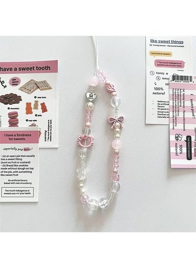 سلسلة تعليقة هاتف مزينة بالخرز واللؤلؤ بتصميم كاواي، حزام معصم لطيف للهاتف المحمول مزين بعقدة فيونكة. - Image 5