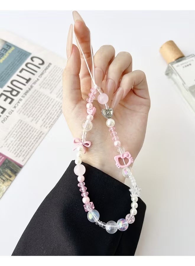 سلسلة تعليقة هاتف مزينة بالخرز واللؤلؤ بتصميم كاواي، حزام معصم لطيف للهاتف المحمول مزين بعقدة فيونكة. - Image 2